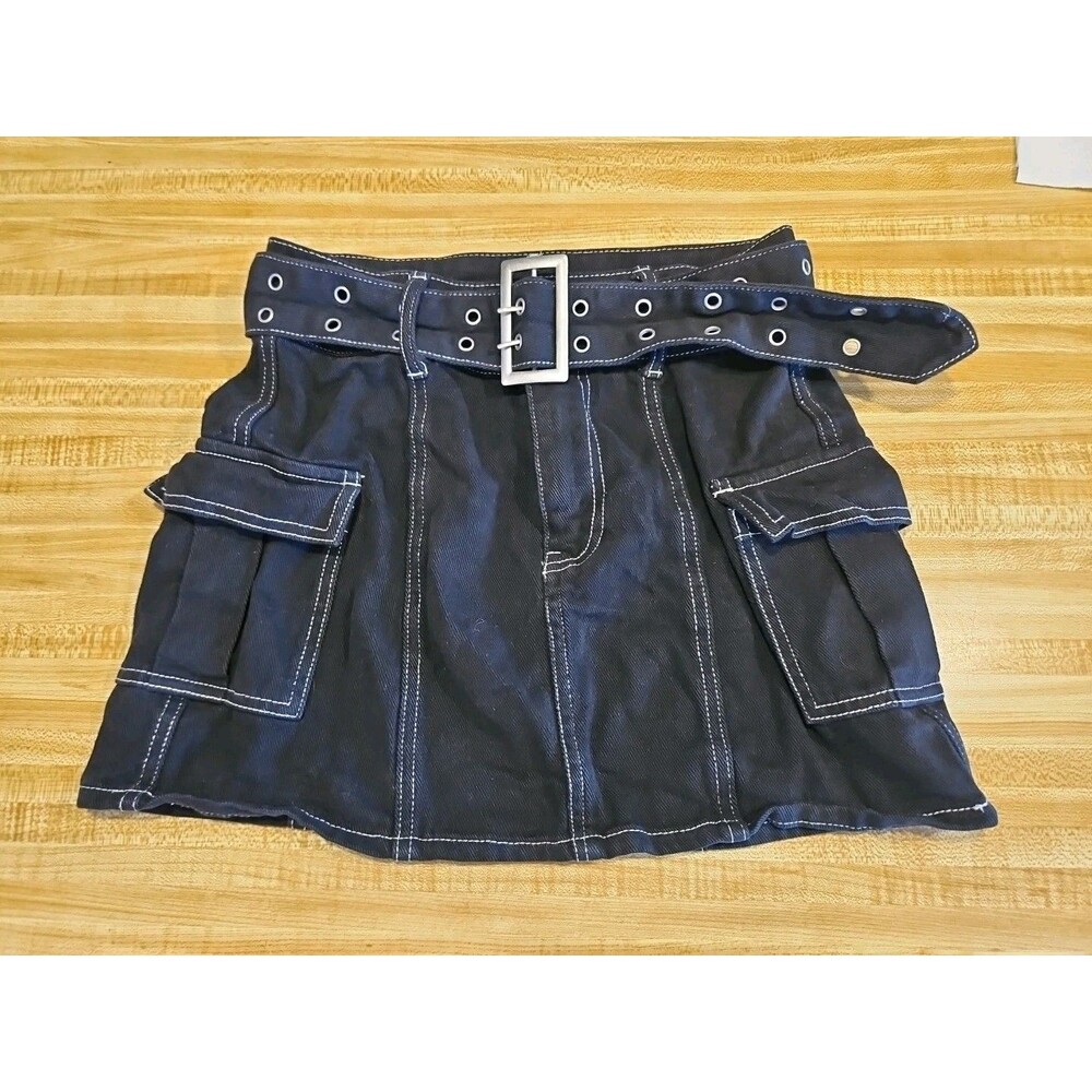 Forever 21 Black Denim Cargo Skirt W/ Riveted Belt Sz S